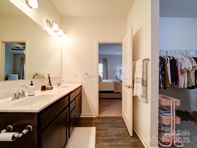 bathroom with hardwood / wood-style flooring and vanity