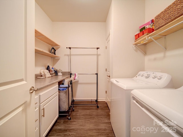 washroom featuring dark wood-type flooring and washing machine and clothes dryer