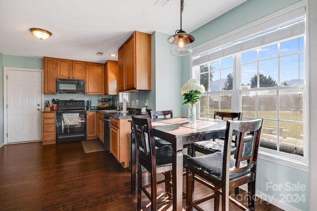 kitchen with dark hardwood / wood-style flooring, a textured ceiling, black appliances, sink, and decorative light fixtures