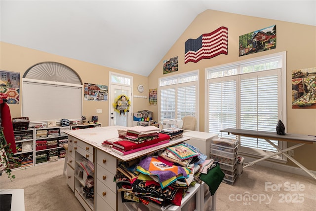 interior space with light colored carpet and high vaulted ceiling