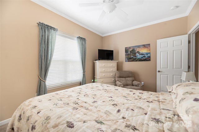 bedroom featuring ceiling fan and crown molding