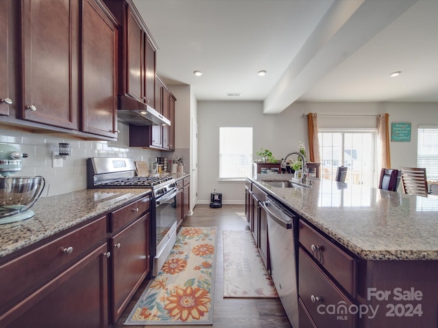 kitchen with a healthy amount of sunlight, sink, an island with sink, and stainless steel appliances