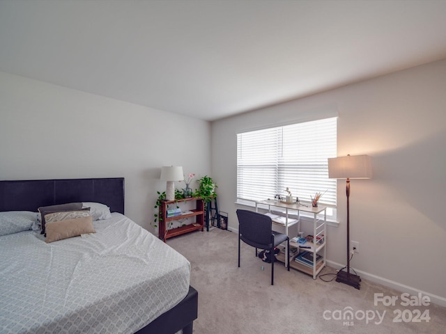 bedroom featuring light carpet