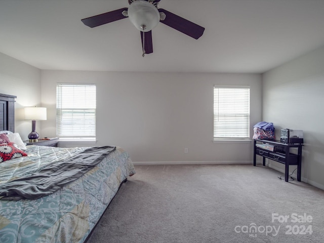 carpeted bedroom with ceiling fan and multiple windows