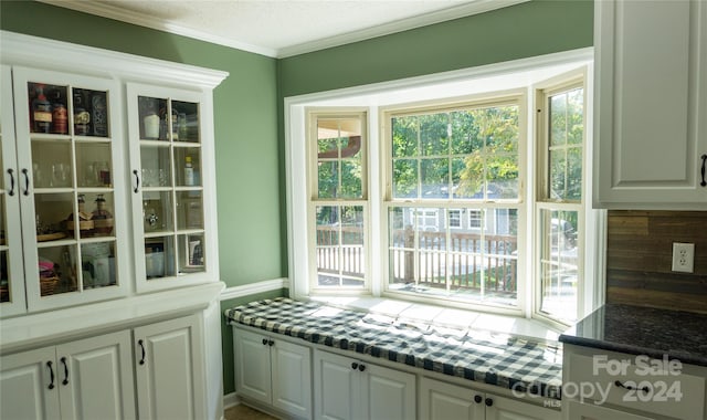 interior space featuring a wealth of natural light, ornamental molding, and white cabinetry