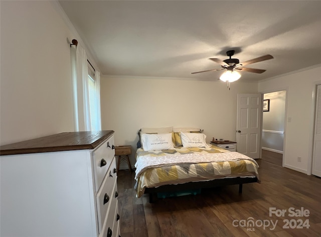 bedroom featuring ceiling fan, dark hardwood / wood-style flooring, and crown molding