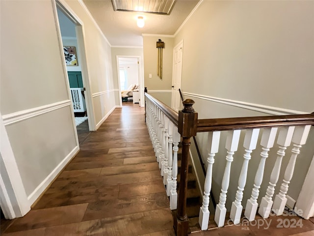 corridor with crown molding and dark hardwood / wood-style flooring