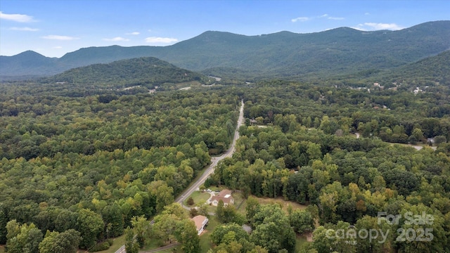 birds eye view of property featuring a mountain view and a view of trees