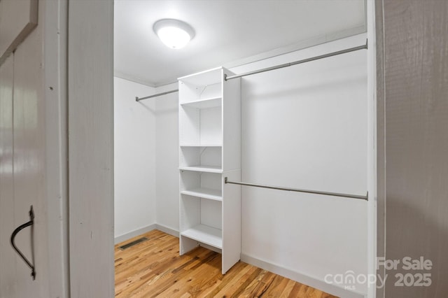 spacious closet featuring light wood-type flooring and visible vents