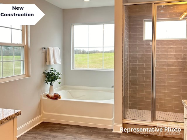 bathroom featuring shower with separate bathtub, vanity, and hardwood / wood-style flooring