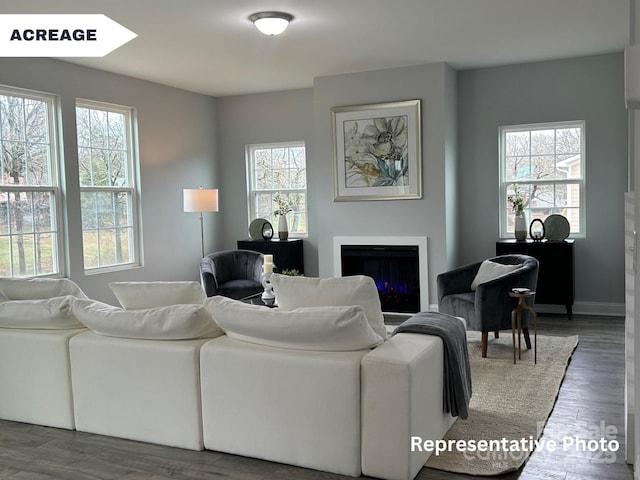 living room with dark wood-type flooring and a wealth of natural light