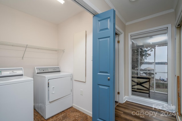 laundry area with washer and clothes dryer, dark hardwood / wood-style flooring, and ornamental molding