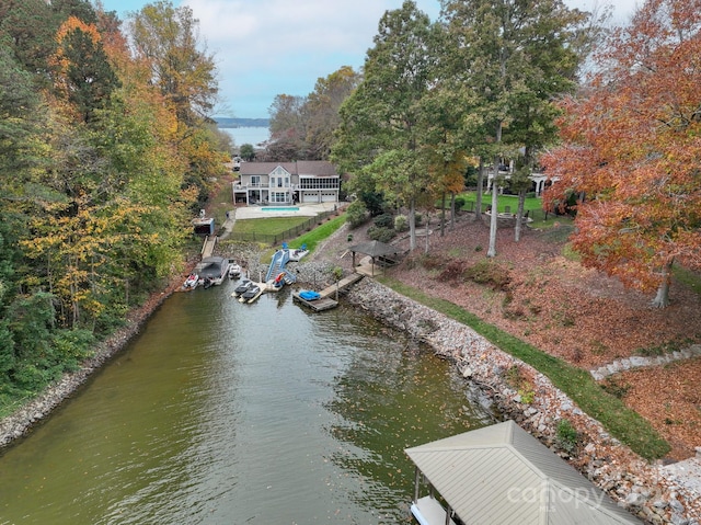 drone / aerial view with a water view