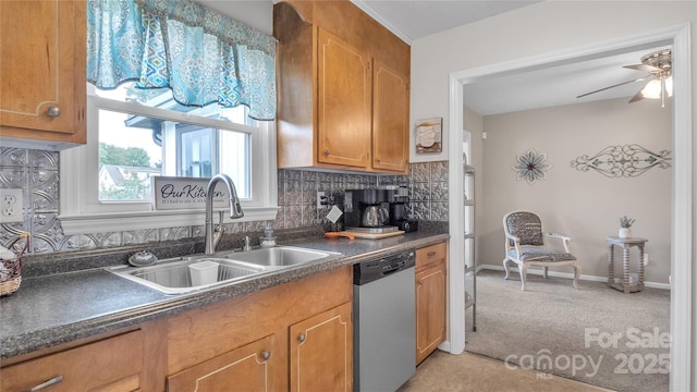 kitchen with sink, stainless steel dishwasher, decorative backsplash, ceiling fan, and light colored carpet