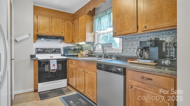 kitchen featuring white range with electric cooktop, dishwasher, sink, and range hood