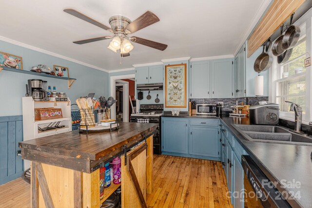 kitchen featuring light hardwood / wood-style floors, sink, crown molding, ceiling fan, and blue cabinetry