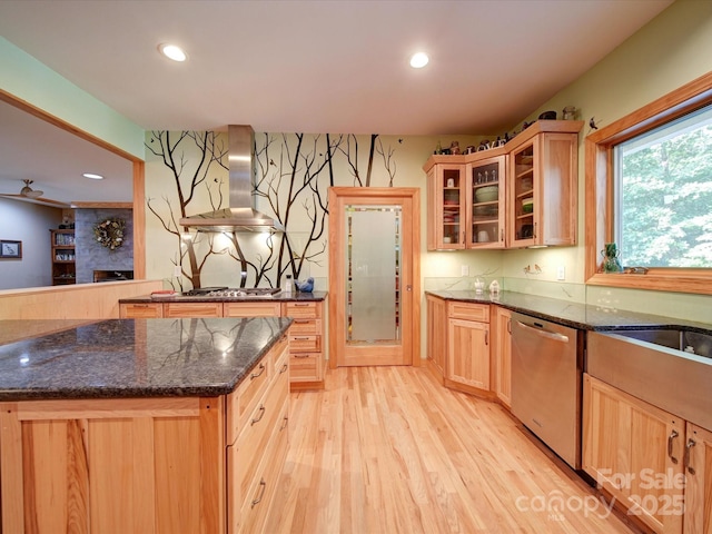 kitchen with a kitchen island, glass insert cabinets, appliances with stainless steel finishes, ventilation hood, and light wood-style floors