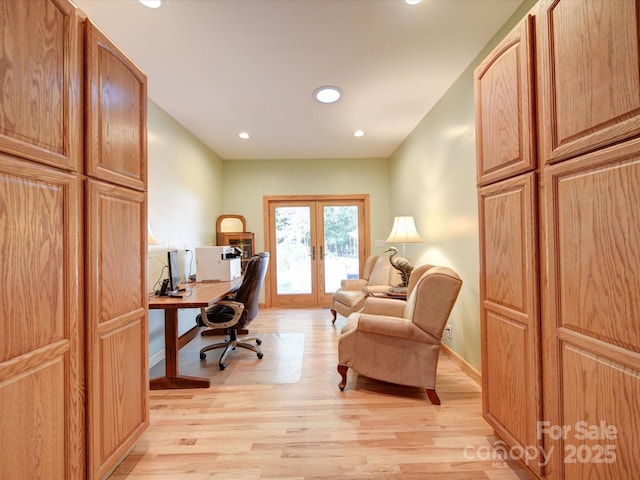 office area featuring baseboards, french doors, recessed lighting, and light wood-style floors