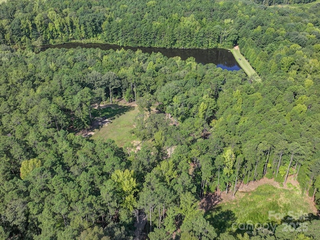 bird's eye view featuring a water view and a forest view