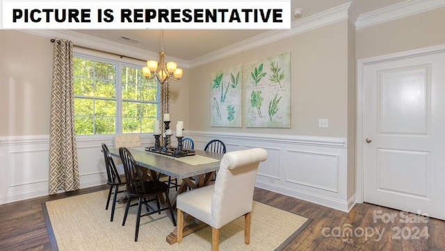 dining space featuring ornamental molding, a notable chandelier, and dark wood-type flooring