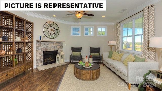 living room with crown molding, a fireplace, ceiling fan, and dark wood-type flooring