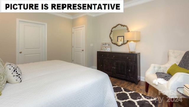 bedroom with ornamental molding and dark wood-type flooring