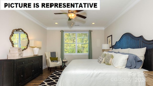 bedroom with ornamental molding, ceiling fan, and dark hardwood / wood-style flooring