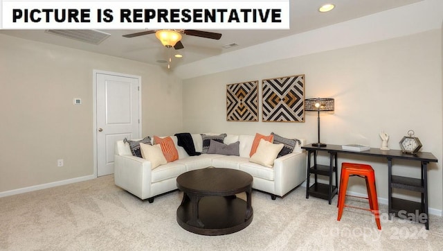 living room featuring ceiling fan and light colored carpet