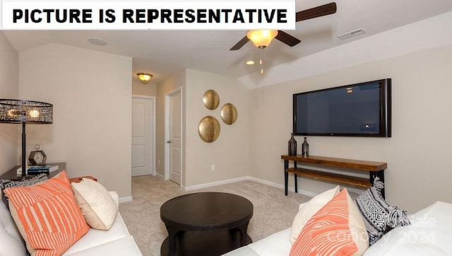 living room featuring lofted ceiling, light carpet, and ceiling fan