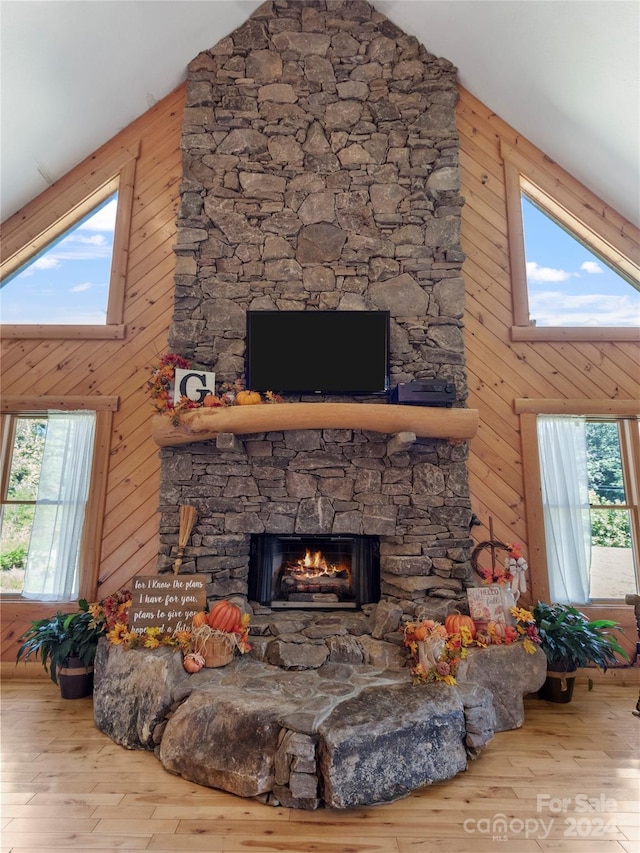 living room featuring a fireplace, a wealth of natural light, and wooden walls