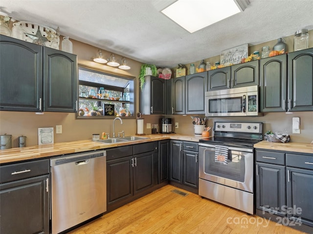 kitchen featuring sink, wooden counters, a textured ceiling, appliances with stainless steel finishes, and light wood-type flooring