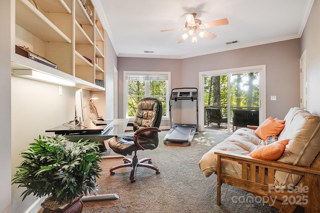 office featuring ceiling fan, ornamental molding, carpet, and plenty of natural light