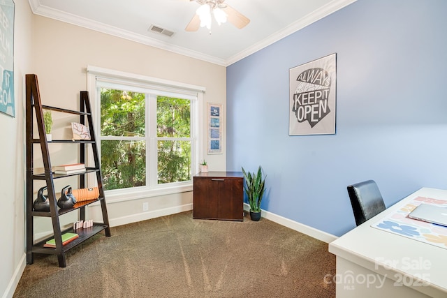 carpeted home office with ornamental molding and ceiling fan