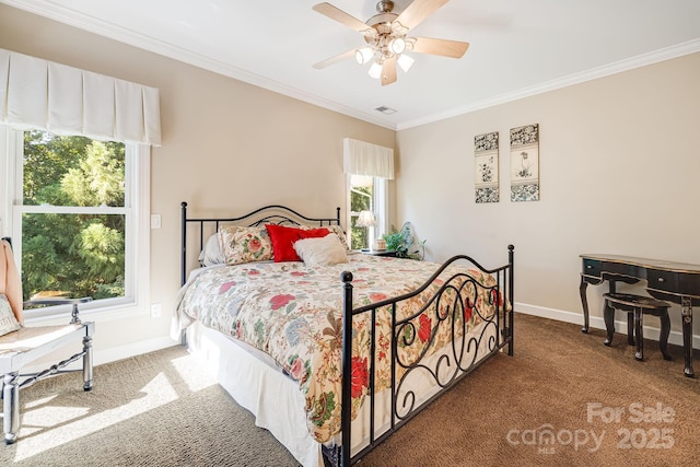 carpeted bedroom with crown molding and ceiling fan