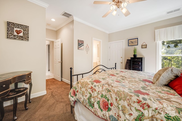 carpeted bedroom with ornamental molding and ceiling fan