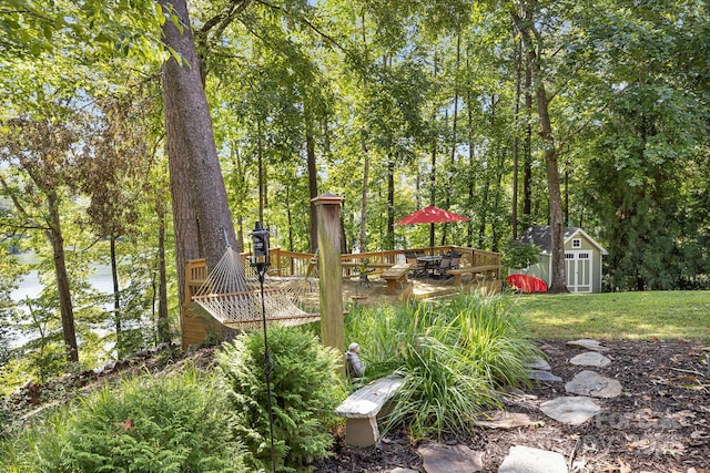 view of yard with a shed and a water view