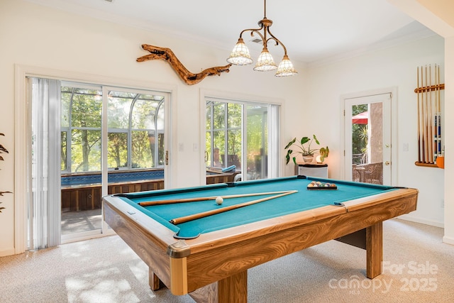 rec room featuring ornamental molding, light colored carpet, and billiards