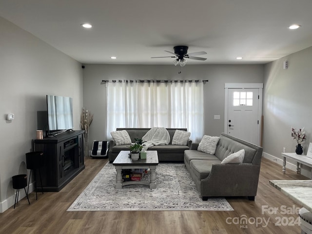 living room featuring ceiling fan and wood-type flooring