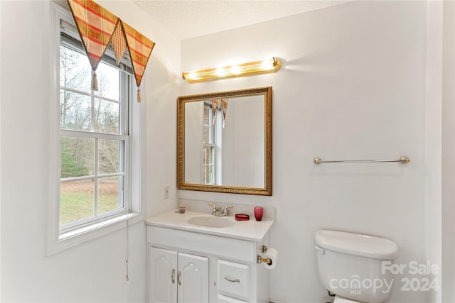 bathroom featuring vanity, a textured ceiling, and toilet