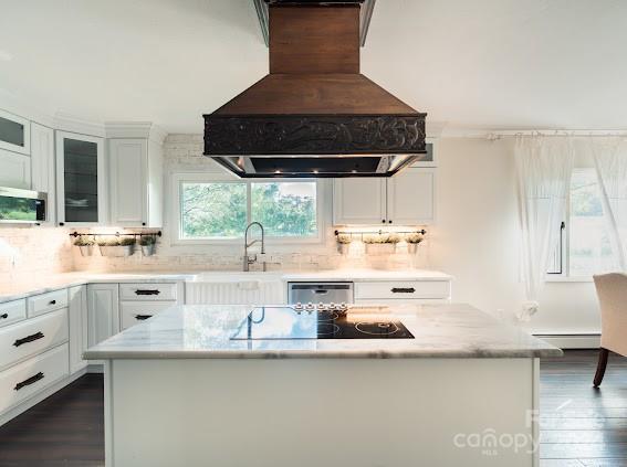 kitchen with white cabinets, custom exhaust hood, a kitchen island, dark wood-type flooring, and a baseboard radiator