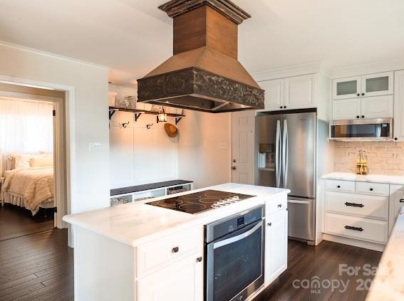 kitchen featuring tasteful backsplash, white cabinetry, custom range hood, appliances with stainless steel finishes, and dark hardwood / wood-style flooring