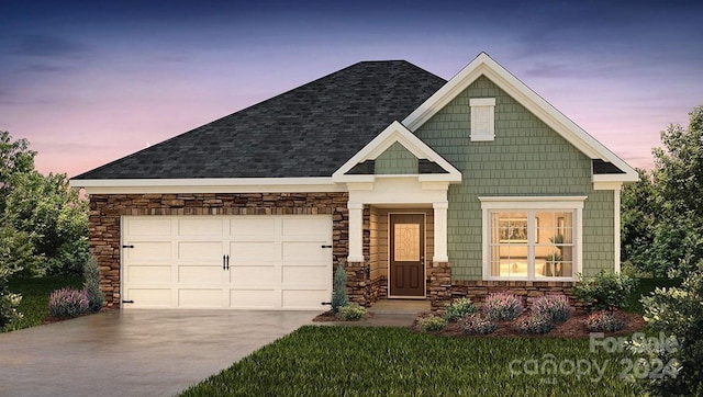 craftsman house with stone siding, an attached garage, roof with shingles, and driveway