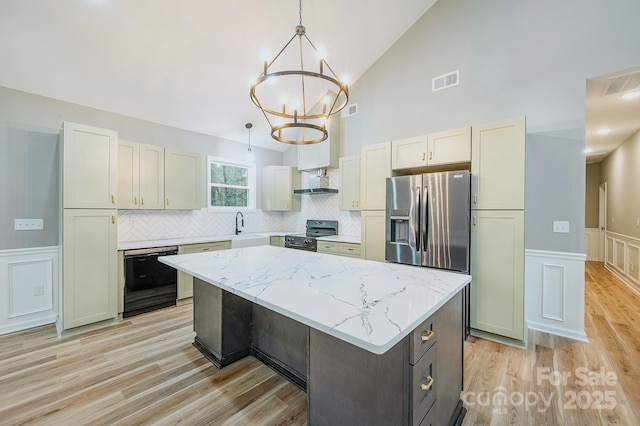 kitchen with a sink, a kitchen island, visible vents, appliances with stainless steel finishes, and wall chimney range hood