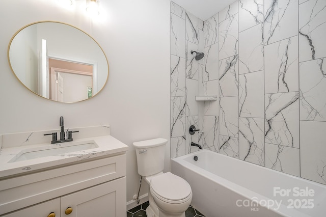 bathroom with shower / bathtub combination, vanity, and toilet