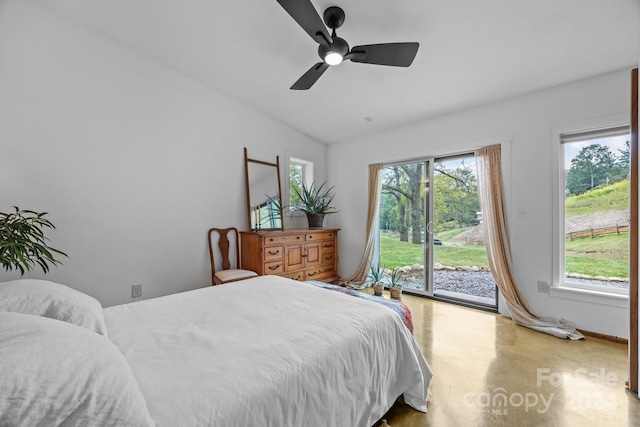 bedroom with ceiling fan, access to exterior, and light colored carpet