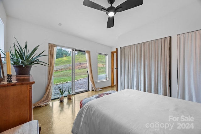 44 Brookside Dr, Burnsville, NC 28714 - bedroom with access to outside, vaulted ceiling, and ceiling fan