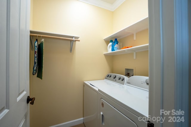 laundry room featuring ornamental molding and washer and dryer