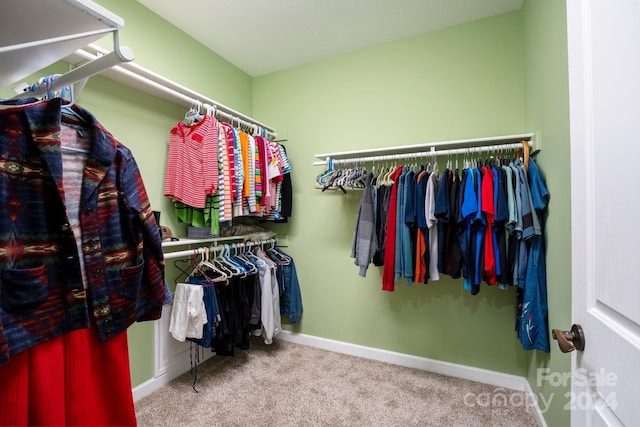 walk in closet featuring light carpet