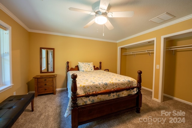 bedroom featuring carpet flooring, ceiling fan, and ornamental molding