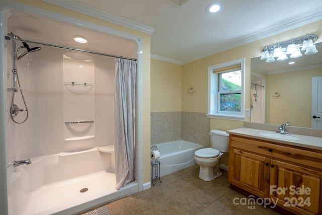 full bathroom with vanity, tile patterned flooring, toilet, ornamental molding, and independent shower and bath